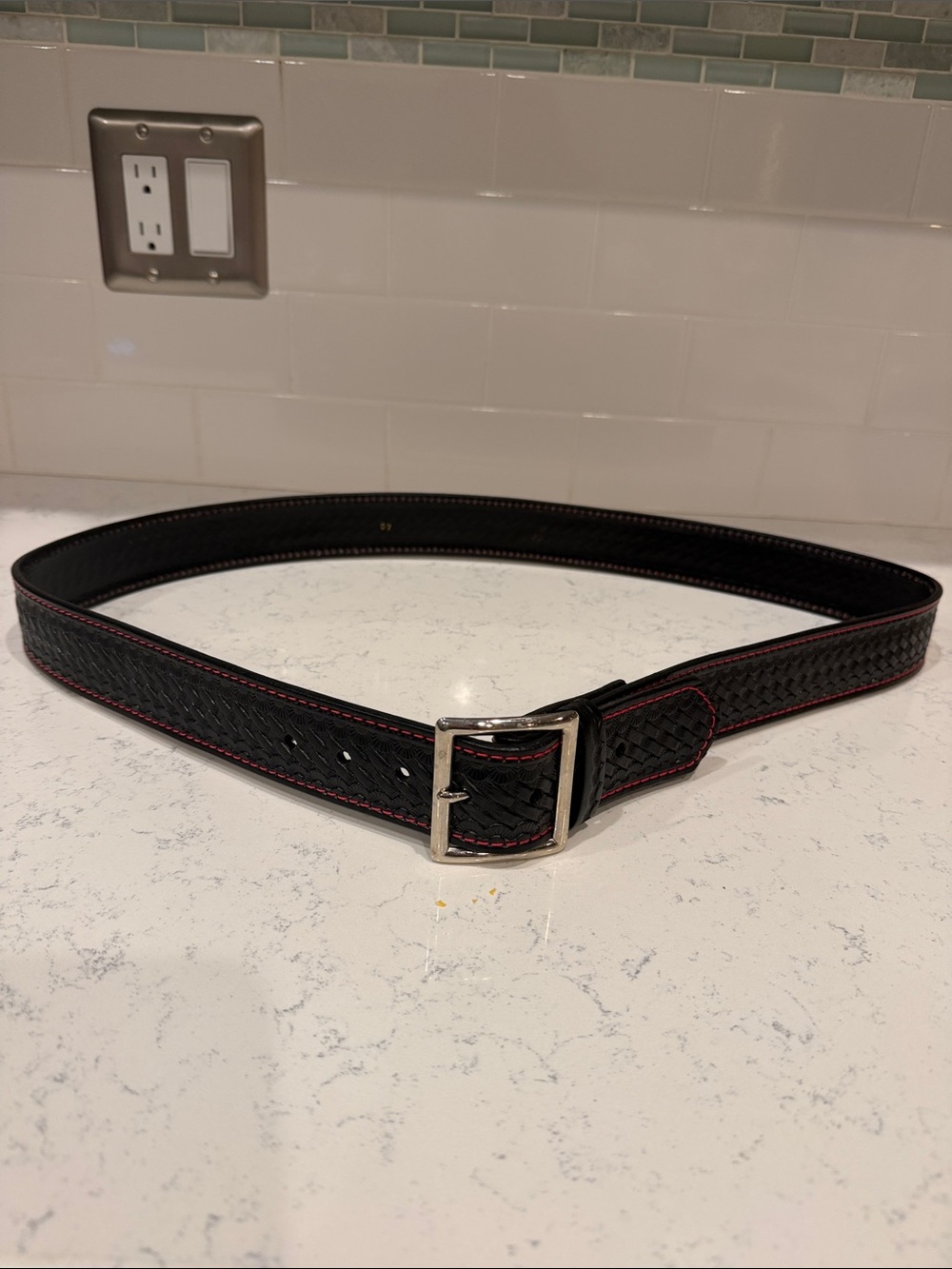 Local Artisan Made Hand Embossed Leather Biker Belt with Red Contrast Stitching